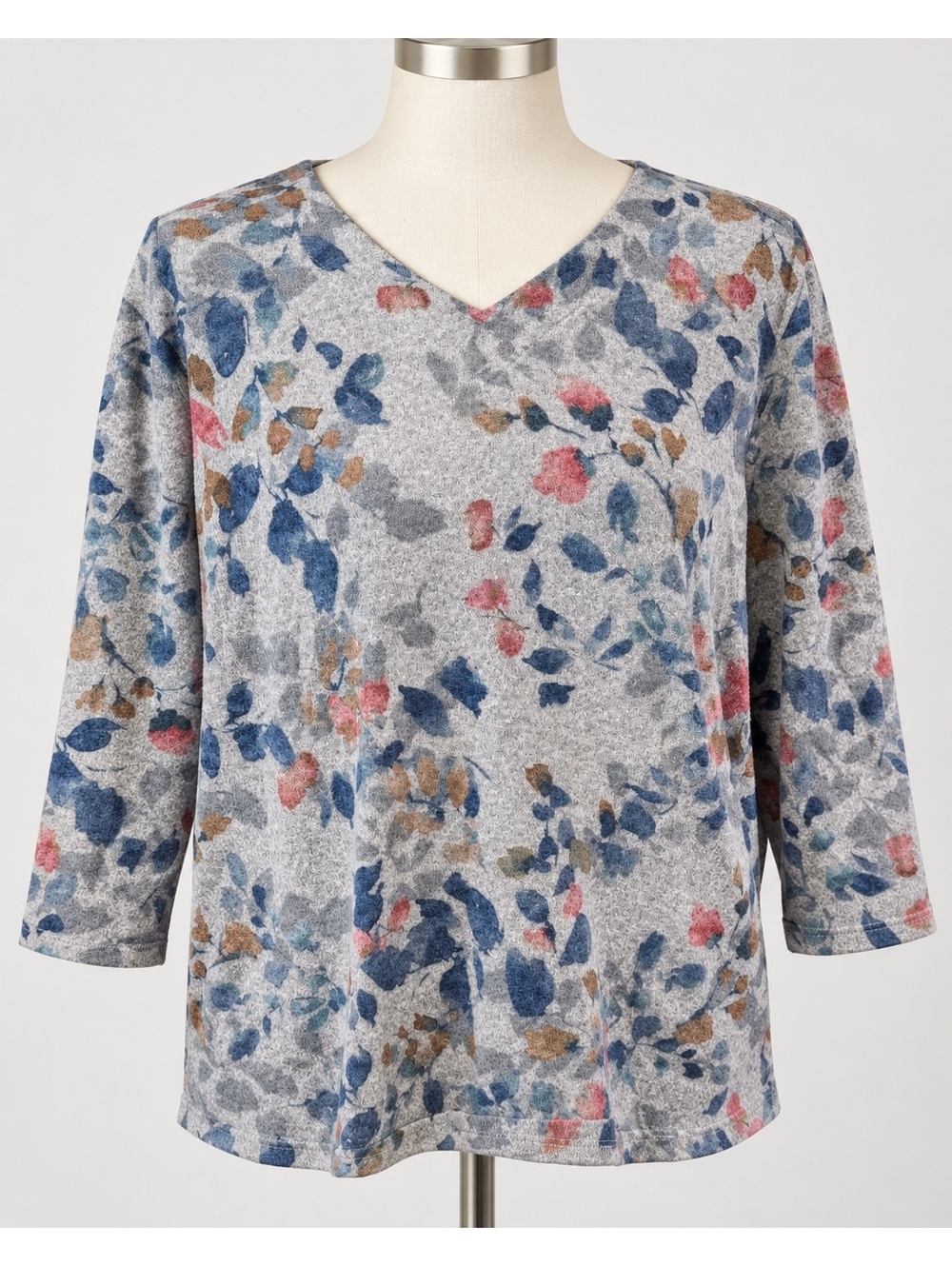 Alfred Dunner XL Floral V-Neck 3/4 Sleeve Stretch Knit Top Gray Blue Pink